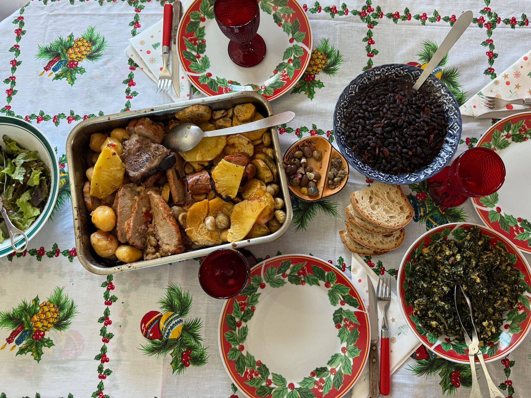 Pork meat with pineapple, chestnuts, sweet potato and many sides Pork with Many Things